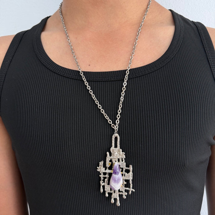 Vintage Purple Stone Statement Necklace, Abstract Art Pendant