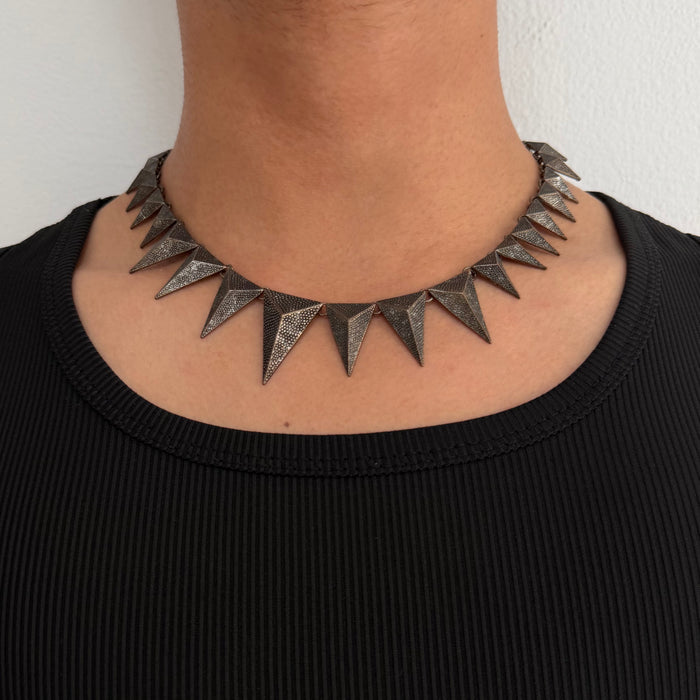 Vintage Gunmetal Triangle Spike Necklace, Geometric Statement Necklace