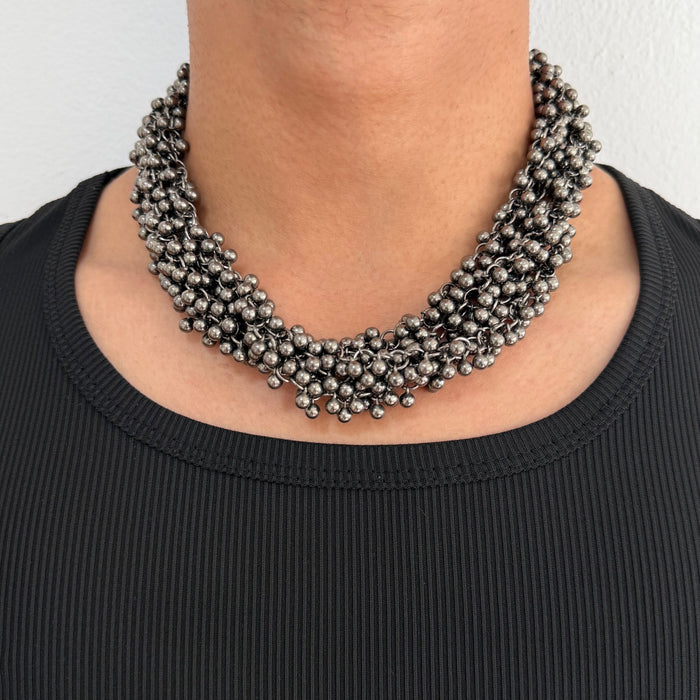Vintage Gunmetal Bib Necklace, Multi-Strand Ball Chain Statement Necklace