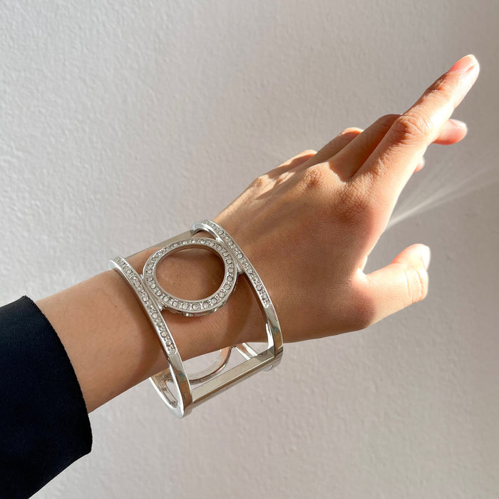 Vintage Silver-Tone Halo Frame Crystal Cuff Bracelet