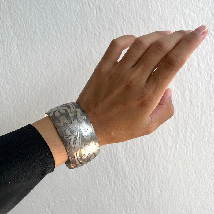Vintage Silver-Tone Floral Engraved Cuff Bracelet