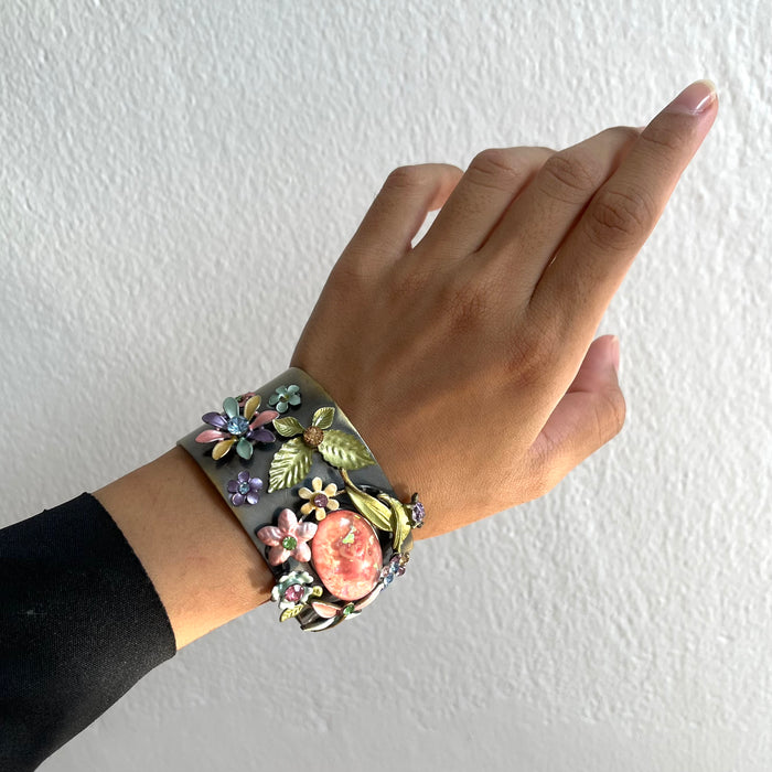 Vintage Copper-Tone Floral Rhinestone Cuff Bracelet
