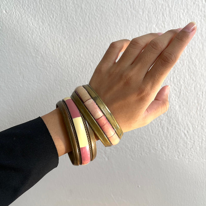 Vintage Two-Tone Pink & Ivory Bangle Bracelet Set