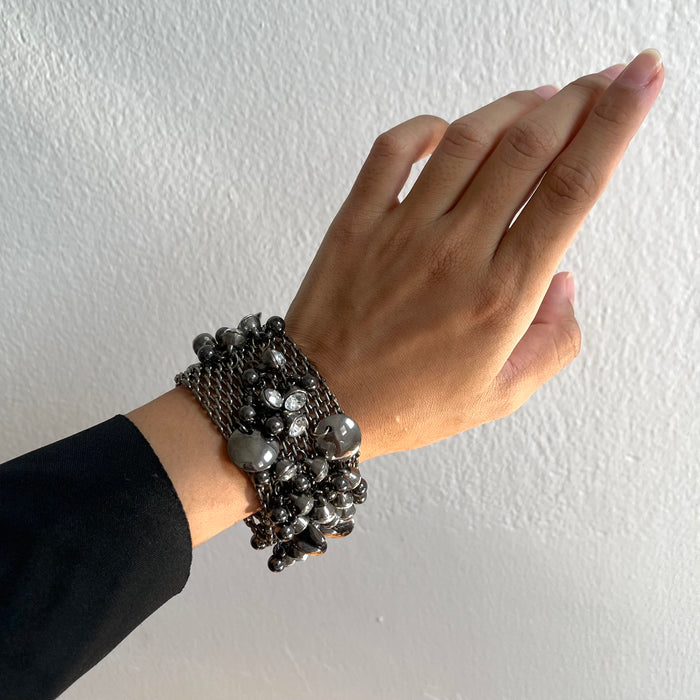 Vintage Gunmetal Multi-Strand Magnetic Cuff Bracelet with Crystal Charms