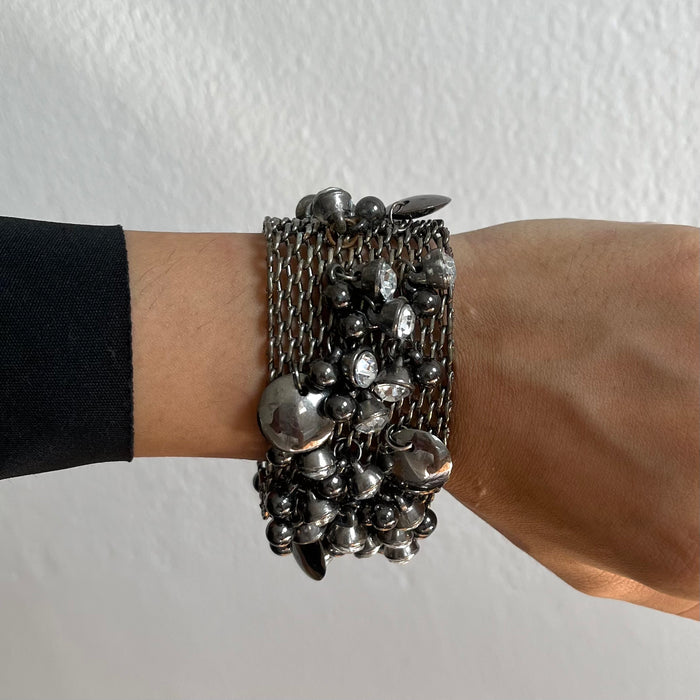 Vintage Gunmetal Multi-Strand Magnetic Cuff Bracelet with Crystal Charms