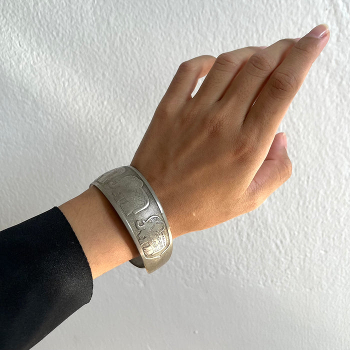 Vintage Silver-Tone Elephant Engraved Cuff Bracelet