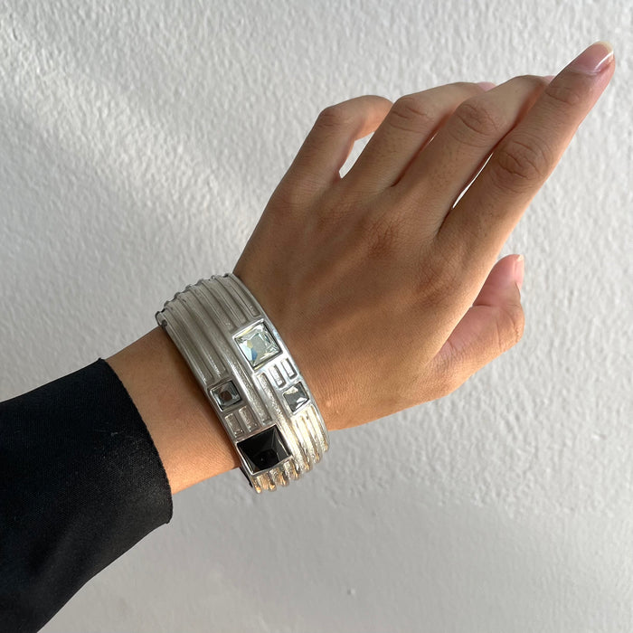 Vintage Silver-Tone Geometric Rhinestone Wide Cuff Bracelet