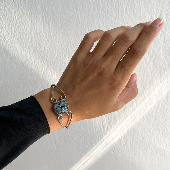 Vintage Silver-Tone Wire-Wrapped Stone Cuff Bracelet