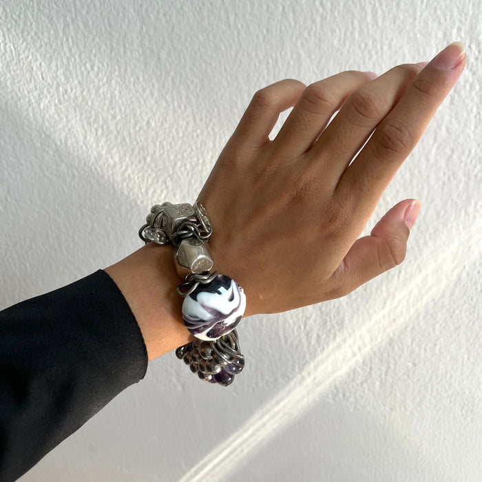 Vintage Silver-Tone Charm Bracelet with Purple Glass Beads