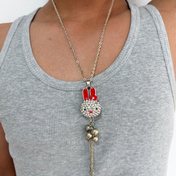 Vintage Rhinestone Bunny Tassel Pendant Necklace