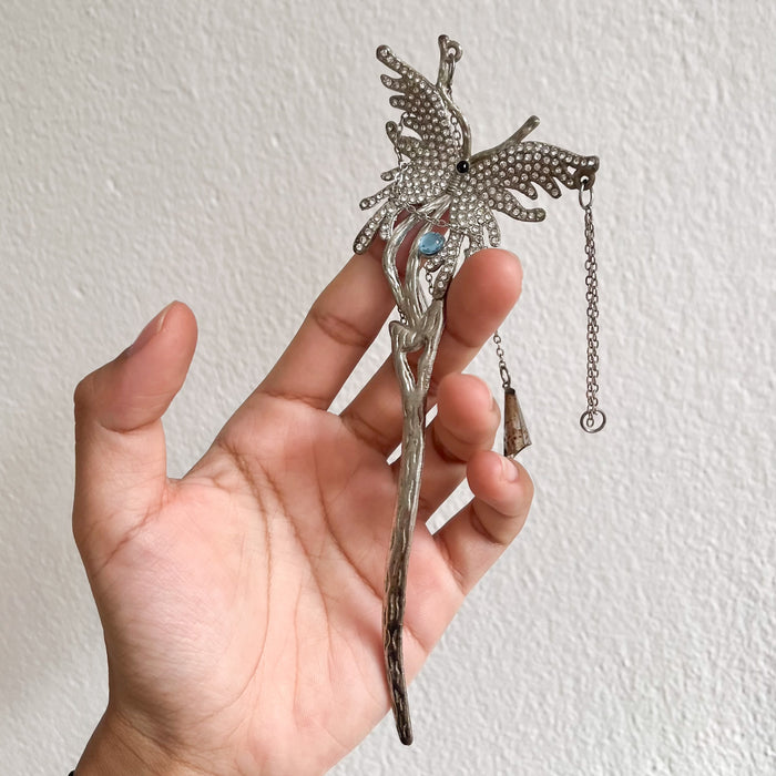 Vintage Silver-Tone Rhinestone Floral Hair Stick with Dangling Chain Charms