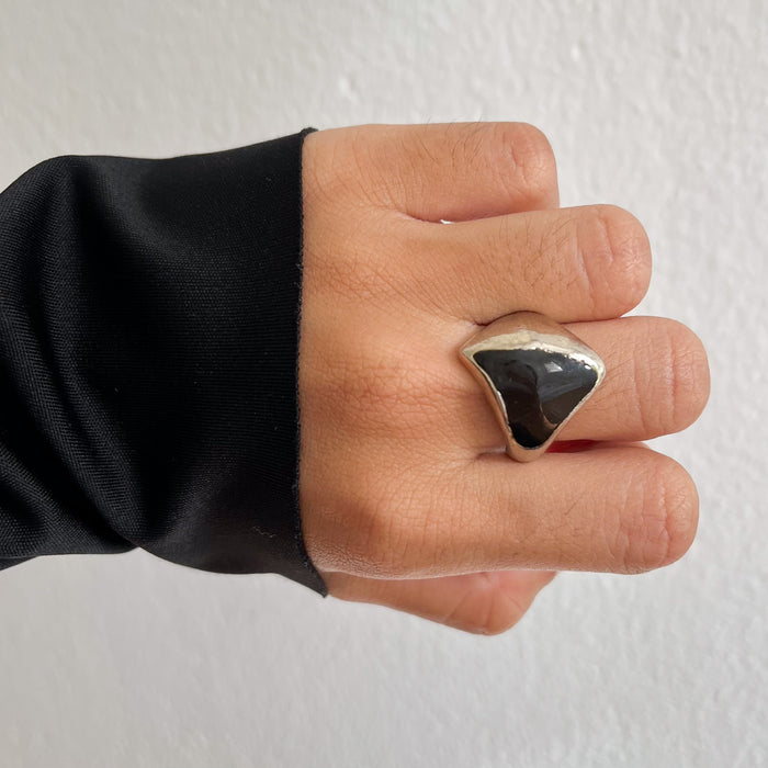 Vintage Silver-Tone Black Enamel Signet Ring