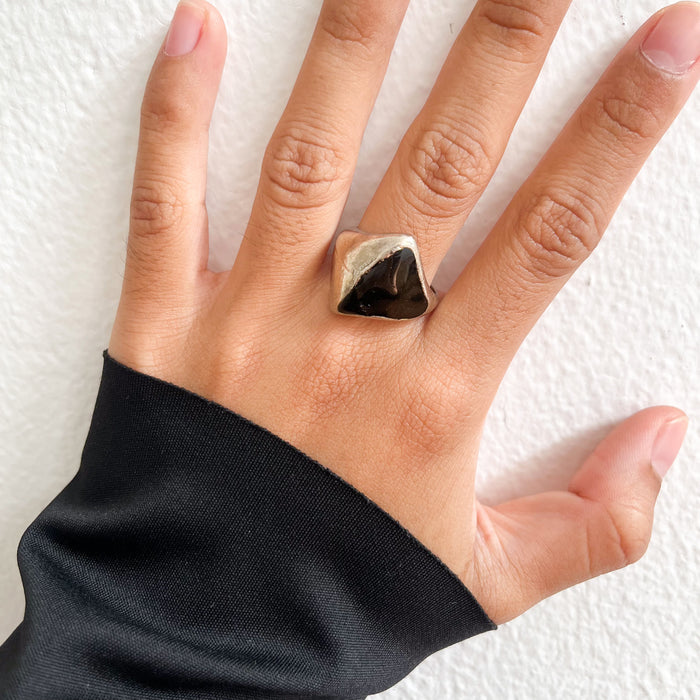 Vintage Silver-Tone Black Enamel Signet Ring