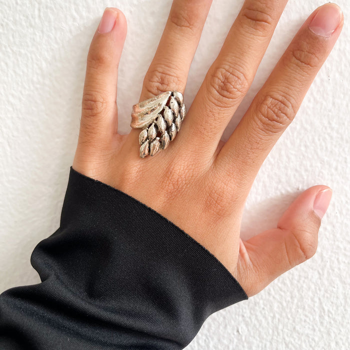 Vintage Silver-Tone Chunky Leaf Statement Ring