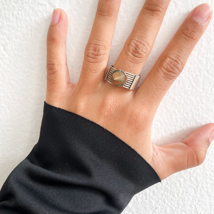 Vintage Silver-Tone Multi-Band Spike Statement Ring with Brass-Tone Accent
