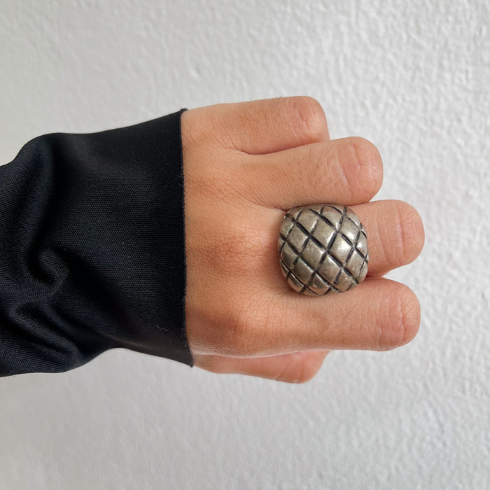 Vintage Silver-Tone Textured Geometric Statement Ring