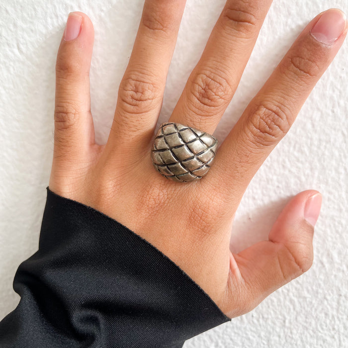 Vintage Silver-Tone Textured Geometric Statement Ring