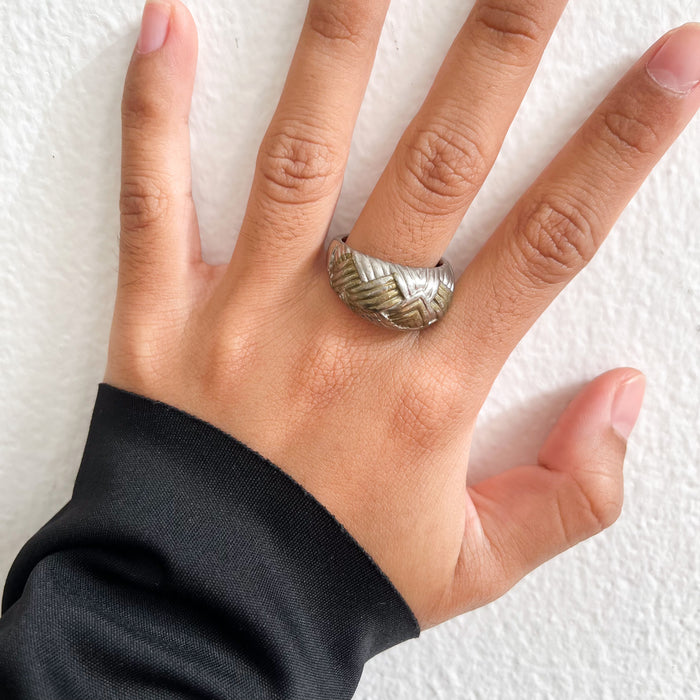 Vintage Silver and Gold-Tone Engraved Geometric Statement Ring