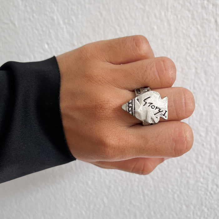 Vintage Silver-Tone Graffiti Face Statement Ring