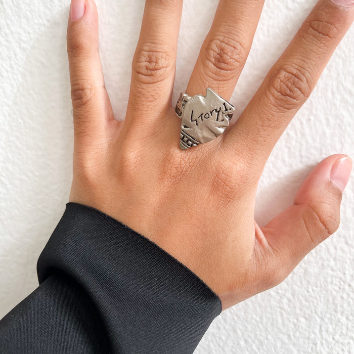 Vintage Silver-Tone Graffiti Face Statement Ring