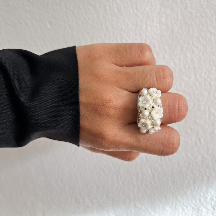 Vintage Silver-Tone Rhinestone Floral Statement Ring