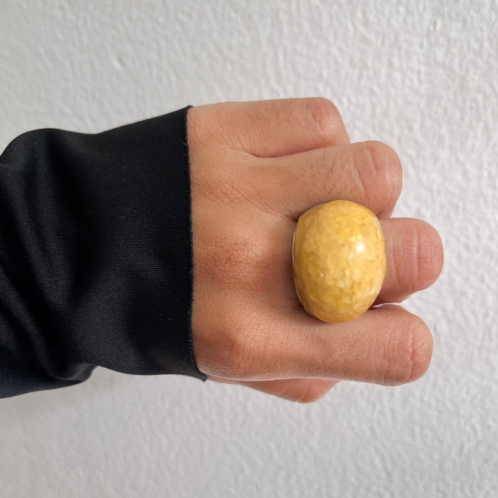 Vintage Yellow Resin Dome Statement Ring with Silver-Tone Band