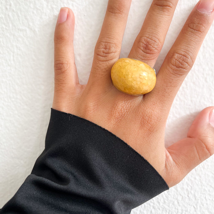 Vintage Yellow Resin Dome Statement Ring with Silver-Tone Band