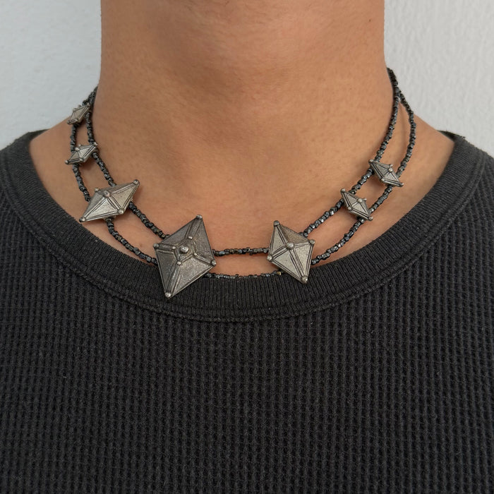 Rare Jean Paul Gaultier 90s Gunmetal Gothic Geometric Double-Strand Necklace