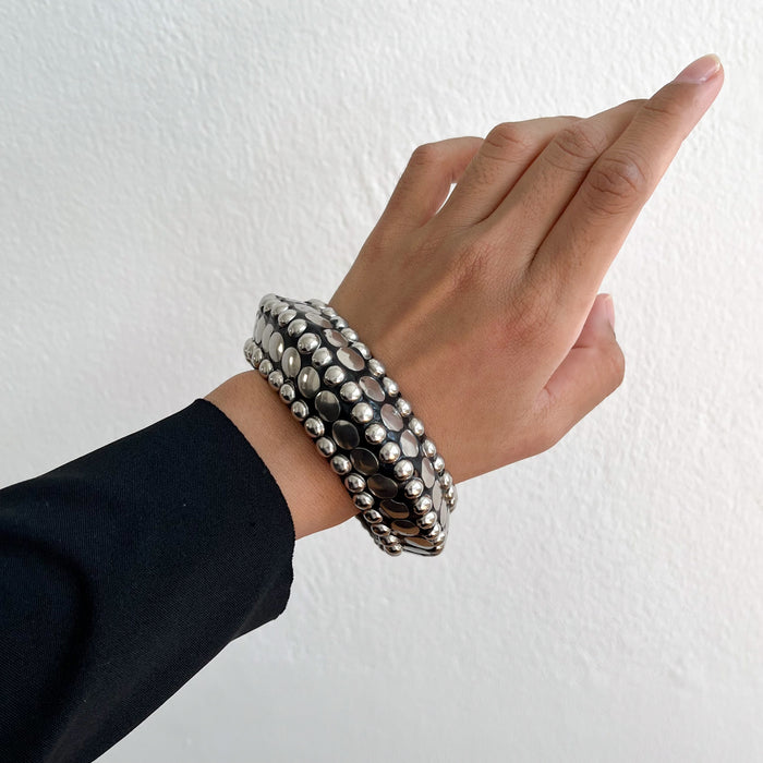 Vintage Silver-Tone Studded Wooden Cuff Bracelet