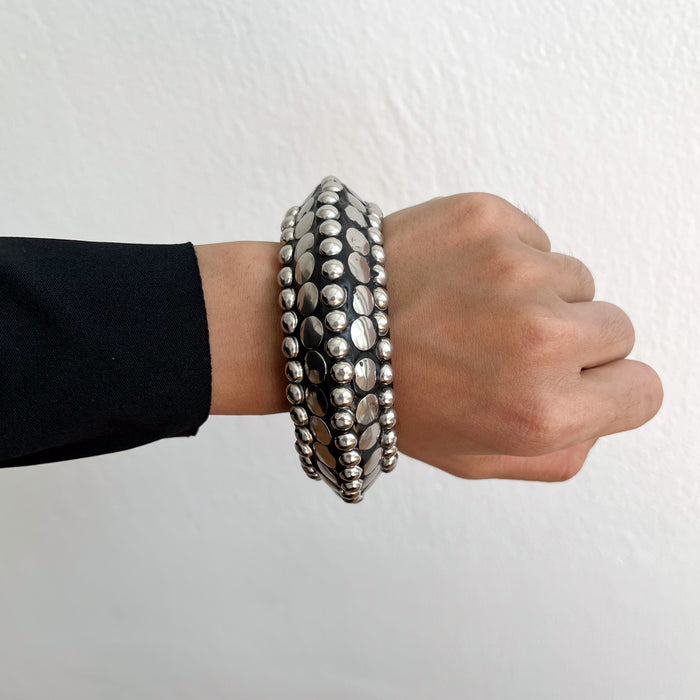 Vintage Silver-Tone Studded Wooden Cuff Bracelet