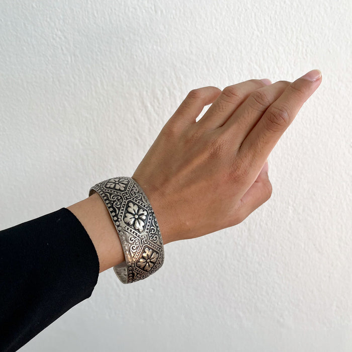 Vintage Floral Engraved Silver Cuff Bracelet