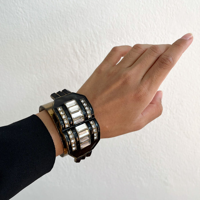 Vintage Black & Gold Rhinestone Statement Cuff Bracelet