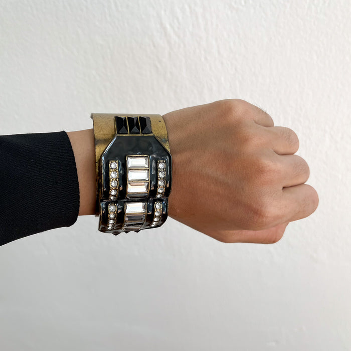 Vintage Black & Gold Rhinestone Statement Cuff Bracelet