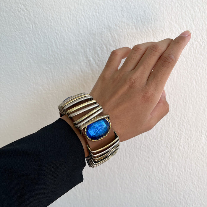 Vintage Valerie Genuine Leather Italy Blue Gemstone Snap Cuff Bracelet