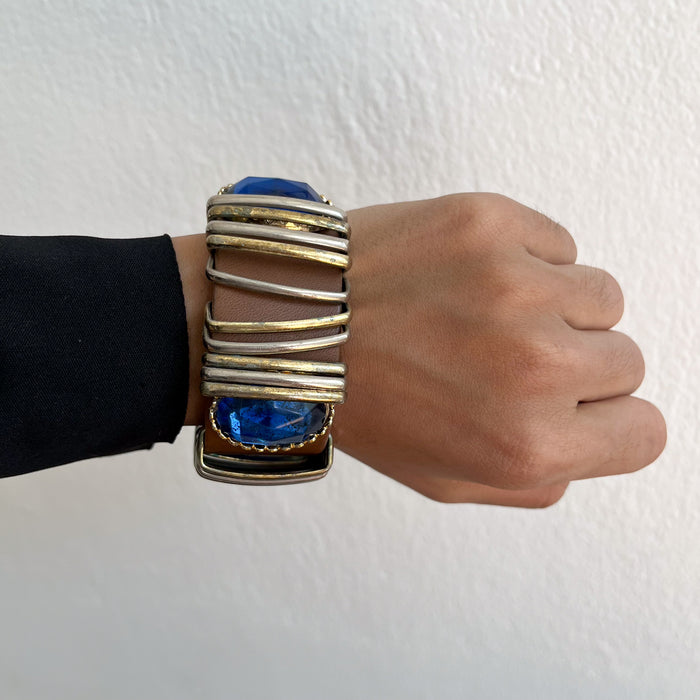 Vintage Valerie Genuine Leather Italy Blue Gemstone Snap Cuff Bracelet
