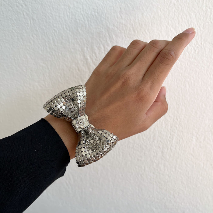 Vintage Silver-Tone Rhinestone Bow Cuff Bracelet