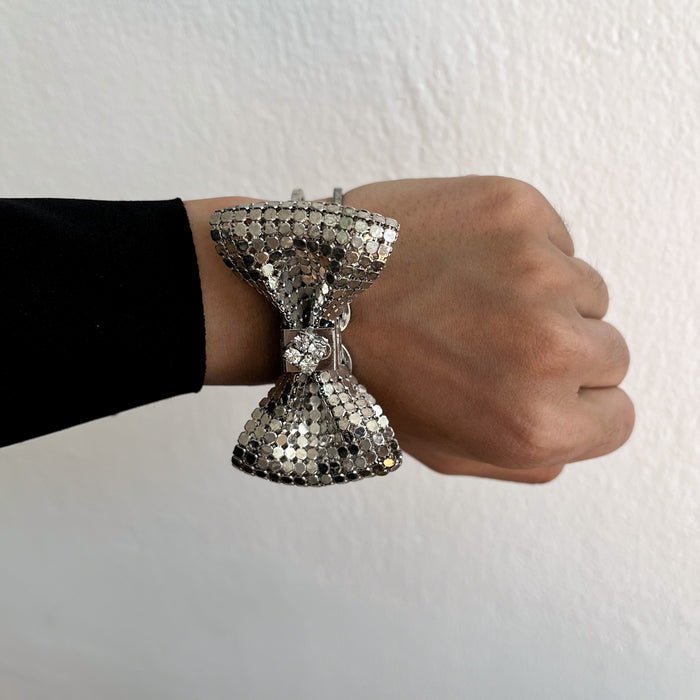 Vintage Silver-Tone Rhinestone Bow Cuff Bracelet