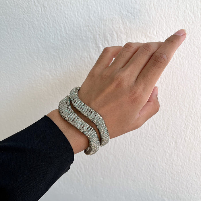 Vintage Silver-Tone Double-Wrap Beaded Cuff Bracelet