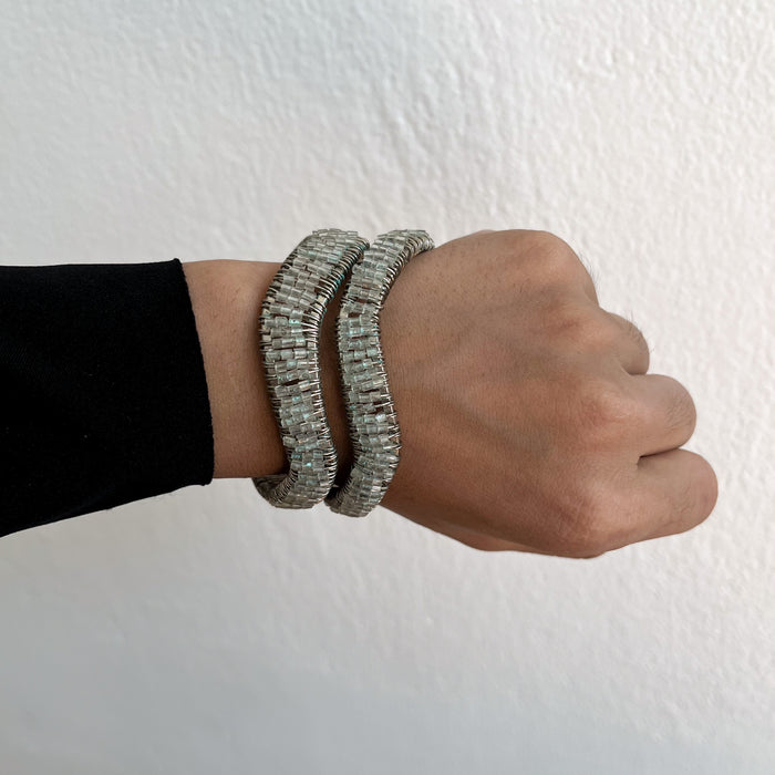 Vintage Silver-Tone Double-Wrap Beaded Cuff Bracelet