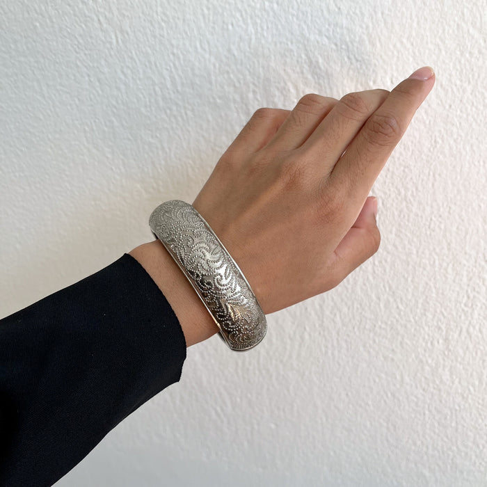 Vintage Silver-Tone Engraved Wide Cuff Bracelet