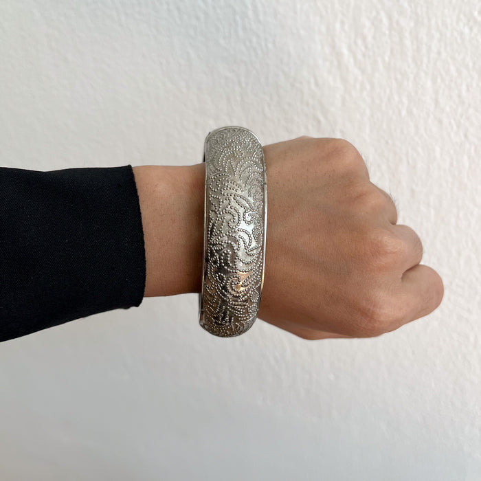 Vintage Silver-Tone Engraved Wide Cuff Bracelet