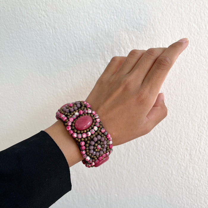 Vintage Pink Beaded Statement Cuff Bracelet