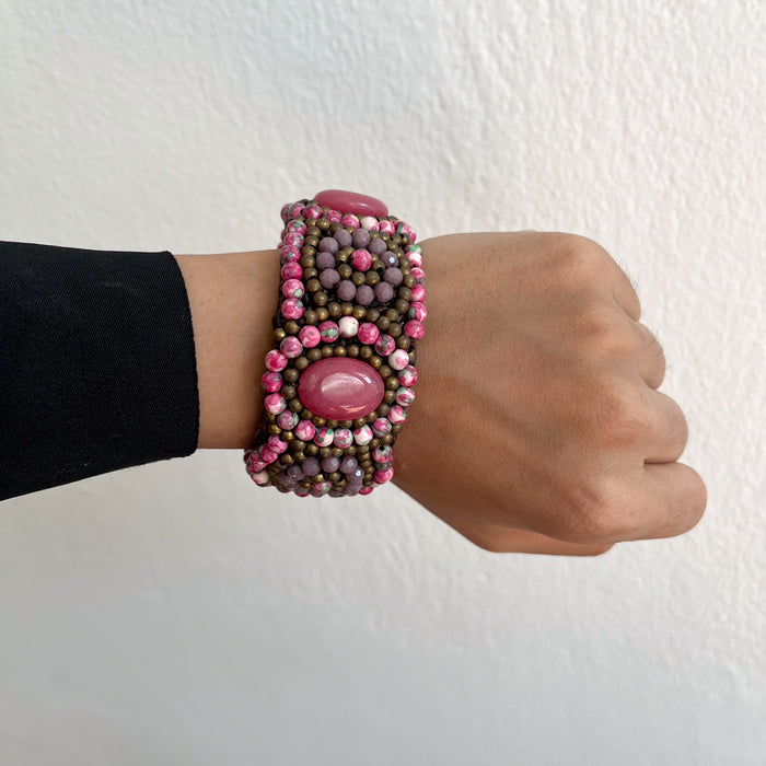 Vintage Pink Beaded Statement Cuff Bracelet