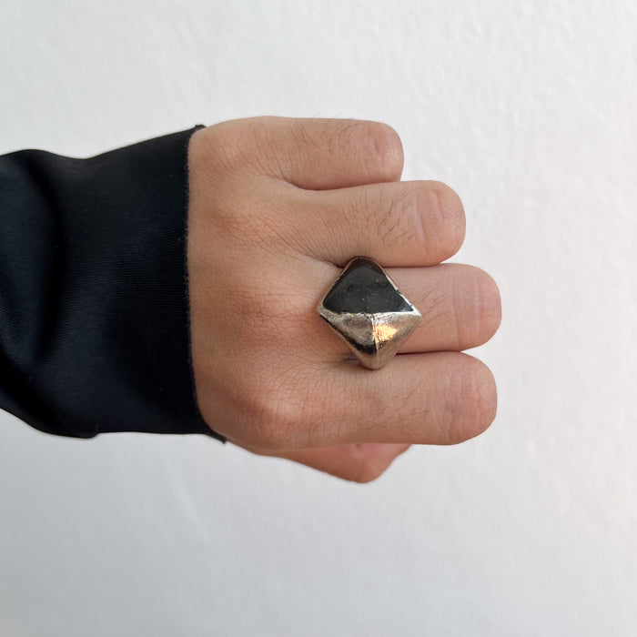 Vintage Silver-Tone Black Enamel Signet Ring