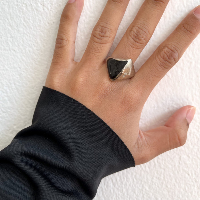 Vintage Silver-Tone Black Enamel Signet Ring