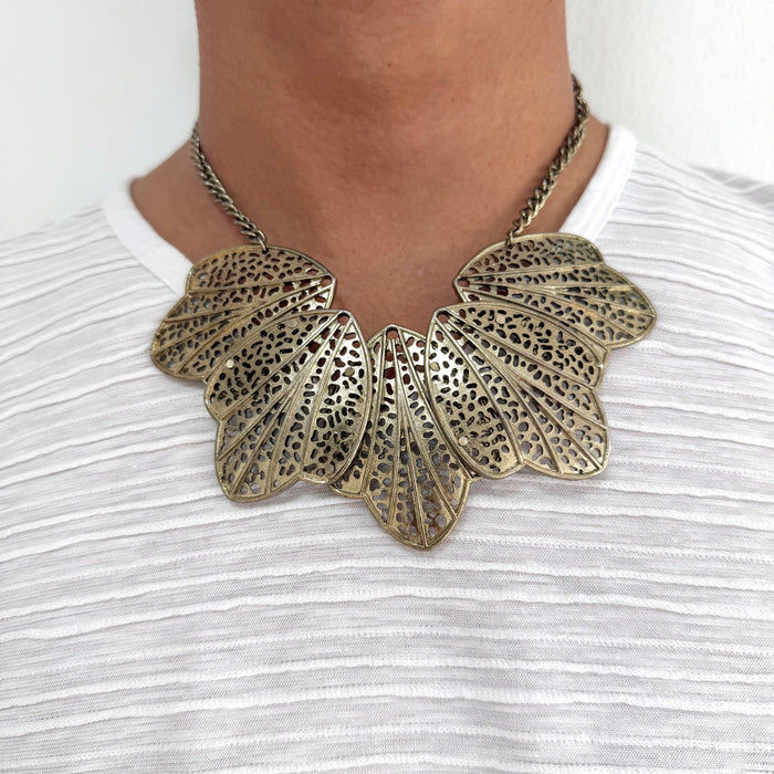 Vintage Gold Tone Statement Bib Necklace Layered Filigree Leaf Petal Design