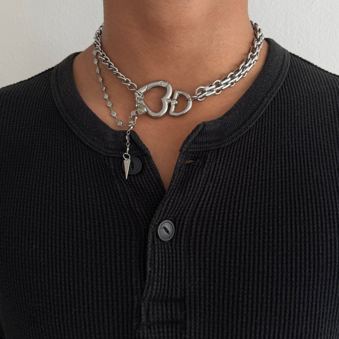 Vintage Silver Heart Lock Layered Chain Necklace