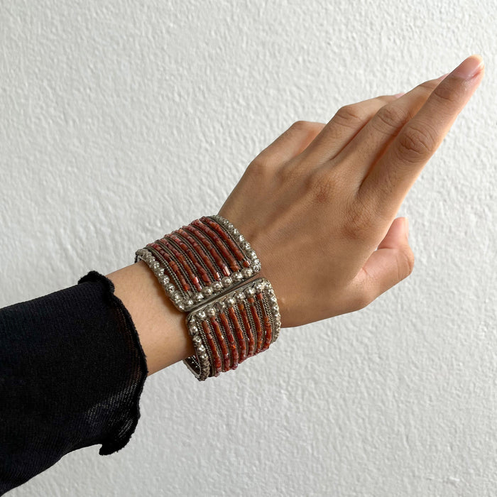 Vintage Red Beaded Silver Cuff Bracelet