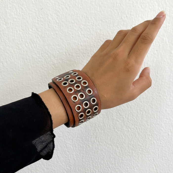 Vintage Distressed Leather Studded Cuff Bracelet