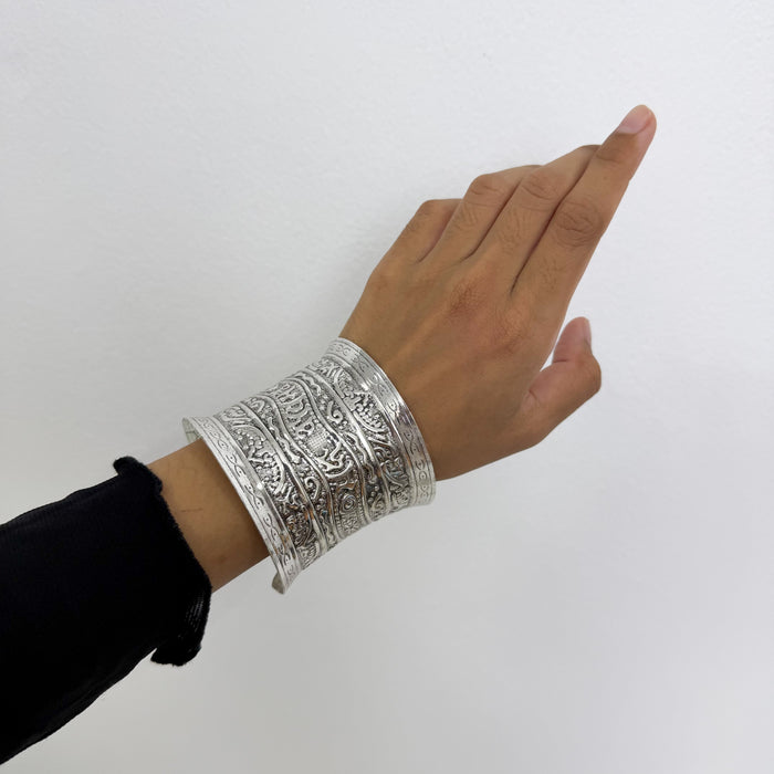 Vintage Ornate Silver-Tone Statement Cuff Bracelet